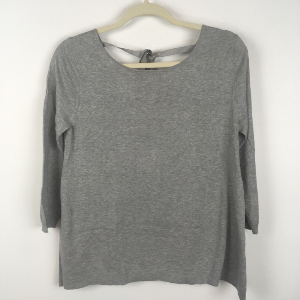 Garnet Hill XS pullover sweater silk cotton blend gray back ribbon tie